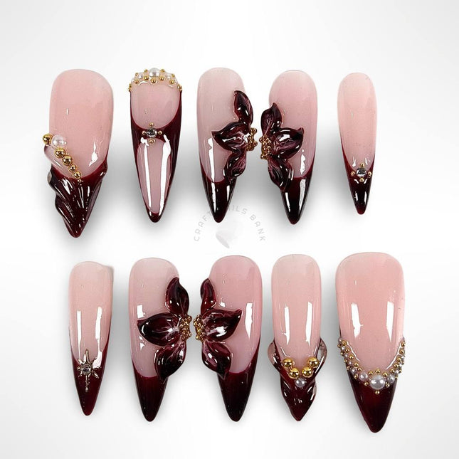 Burgundy Flower - Press On Nails
