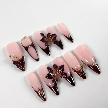 Burgundy Flower - Press On Nails