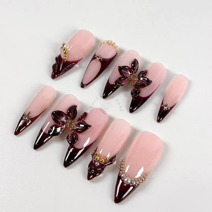 Burgundy Flower - Press On Nails